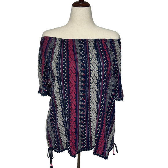 Westport Top Womens 2X Red Blue Floral Paisley Lace Trim Peasant Boho NWT - Picture 5 of 11